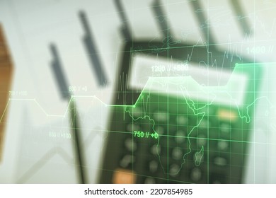 Abstract virtual analytics data spreadsheet on blurry calculator and papers background, analytics and analysis concept. Multiexposure