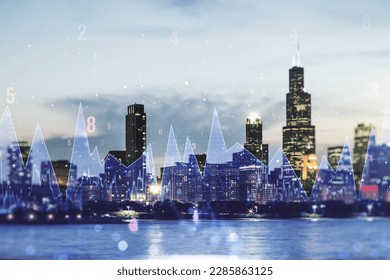 Abstract virtual analytics data spreadsheet on Chicago cityscape background, analytics and analysis concept. Multiexposure
