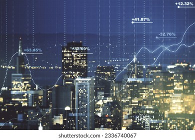 Abstract virtual analytics data spreadsheet on San Francisco cityscape background, analytics and analysis concept. Multiexposure