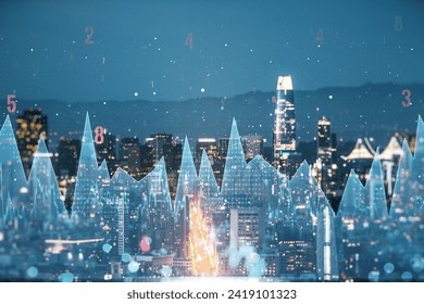 Abstract virtual analytics data spreadsheet on San Francisco cityscape background, analytics and analysis concept. Multiexposure