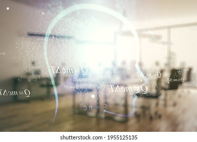 Abstract virtual artificial Intelligence concept with human head sketch on a modern furnished classroom background. Double exposure