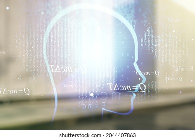 Abstract virtual artificial Intelligence concept with human head sketch on blurry contemporary office building background. Double exposure