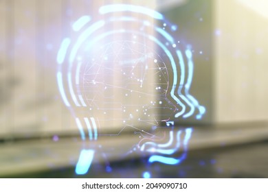 Abstract virtual artificial Intelligence concept with human head sketch on blurry contemporary office building background. Double exposure