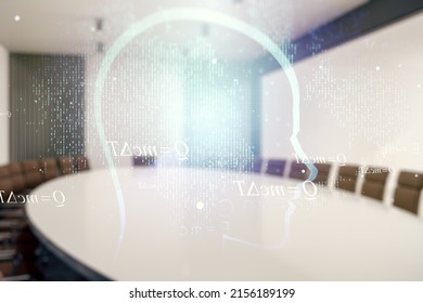 Abstract virtual artificial Intelligence concept with human head sketch on a modern coworking room background. Double exposure