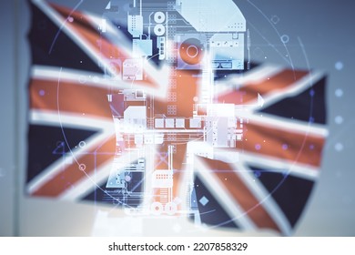 Abstract virtual artificial Intelligence concept with human head sketch on British flag and sunset sky background. Double exposure