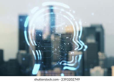 Abstract virtual artificial Intelligence concept with human head sketch on blurry skyscrapers background. Double exposure