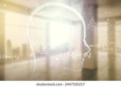 Abstract virtual artificial Intelligence concept with human head sketch on modern interior background. Double exposure