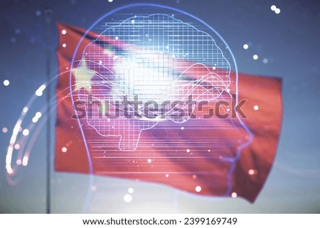 Abstract virtual artificial Intelligence concept with human head sketch on Chinese flag and blue sky background. Double exposure