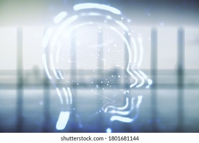 Abstract virtual artificial Intelligence interface with human head hologram on empty corporate office background. Multiexposure