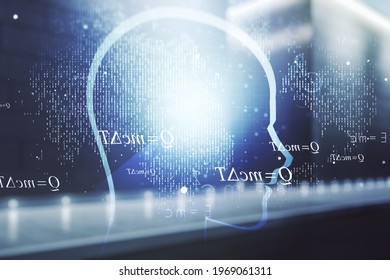 Abstract virtual artificial Intelligence interface with human head hologram on blurry modern office building background. Multiexposure