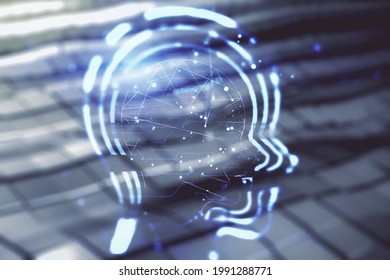 Abstract virtual artificial Intelligence interface with human head hologram on blurry abstract metal background. Multiexposure
