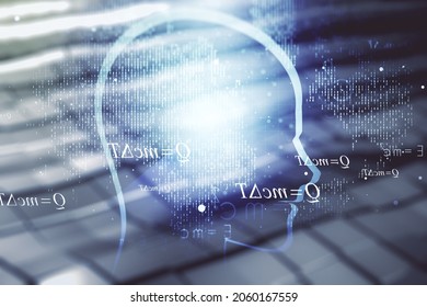 Abstract virtual artificial Intelligence interface with human head hologram on blurry abstract metal background. Multiexposure