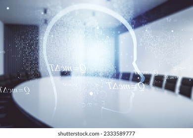 Abstract virtual artificial Intelligence interface with human head hologram on a modern conference room background. Multiexposure