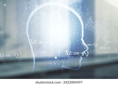 Abstract virtual artificial Intelligence interface with human head hologram on blurry modern office building background. Multiexposure