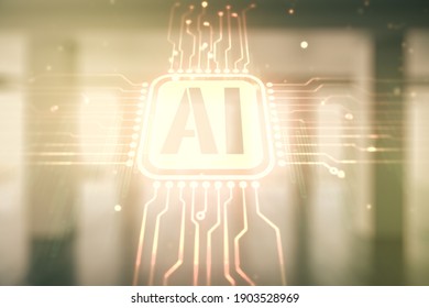 Abstract virtual artificial Intelligence symbol hologram on empty corporate office background. Multiexposure