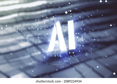 Abstract virtual artificial Intelligence symbol hologram on blurry abstract metal background. Multiexposure