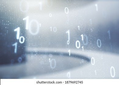 Abstract virtual binary code hologram on abstract empty interior background, AI and machine learning concept. Multiexposure - Powered by Shutterstock - Get 15% off with code: PIKWIZARD15