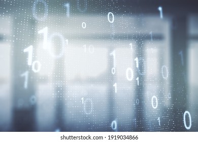 Abstract virtual binary code hologram on abstract empty interior background, AI and machine learning concept. Multiexposure