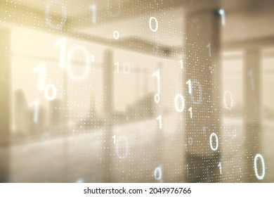 Abstract virtual binary code hologram on abstract empty interior background, AI and machine learning concept. Multiexposure