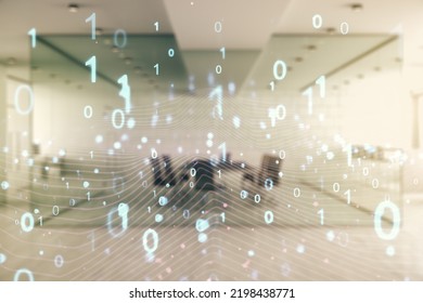 Abstract virtual binary code hologram on a modern furnished classroom background, AI and machine learning concept. Multiexposure