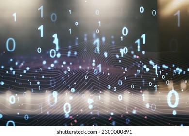 Abstract virtual binary code hologram on blurry contemporary office building background, AI and machine learning concept. Multiexposure