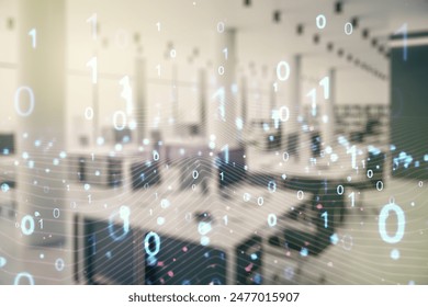 Abstract virtual binary code hologram on a modern furnished classroom background, AI and machine learning concept. Multiexposure