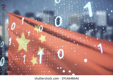 Abstract Virtual Binary Code Illustration On Flag Of China And Blurry Skyscrapers Background. Big Data And Coding Concept. Multiexposure