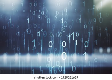 Abstract virtual binary code illustration on blurry modern office building background. Big data and coding concept. Multiexposure