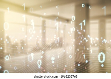 Abstract virtual binary code illustration on empty corporate office background. Big data and coding concept. Multiexposure