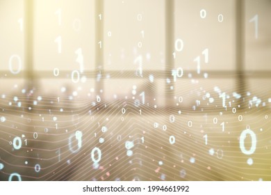 Abstract virtual binary code illustration on empty corporate office background. Big data and coding concept. Multiexposure