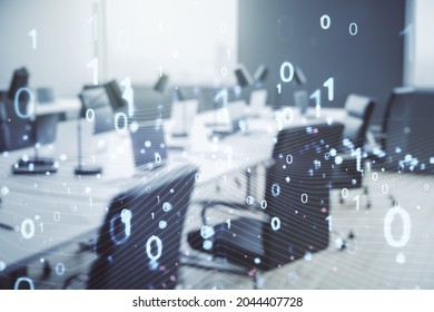 Abstract virtual binary code illustration on a modern furnished office background. Big data and coding concept. Multiexposure