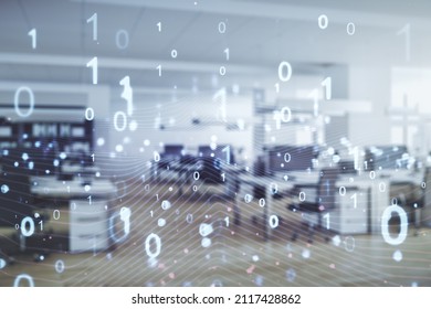 Abstract virtual binary code illustration on a modern furnished office background. Big data and coding concept. Multiexposure