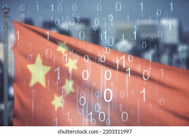 Abstract Virtual Binary Code Illustration On Flag Of China And Blurry Skyscrapers Background. Big Data And Coding Concept. Multiexposure