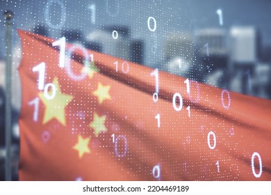 Abstract Virtual Binary Code Illustration On Flag Of China And Blurry Skyscrapers Background. Big Data And Coding Concept. Multiexposure