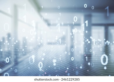 Abstract virtual binary code illustration on empty corporate office background. Big data and coding concept. Multiexposure