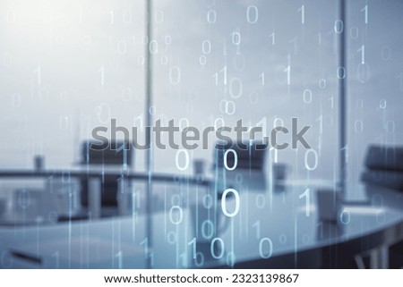 Abstract virtual binary code illustration on a modern conference room background. Big data and coding concept. Multiexposure