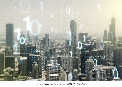 Abstract Virtual Binary Code Sketch On Chicago Office Buildings Background, Hacking And Matrix Concept. Multiexposure