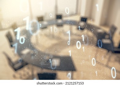 Abstract Virtual Binary Code Sketch On A Modern Boardroom Background, Hacking And Matrix Concept. Multiexposure