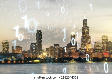 Abstract Virtual Binary Code Sketch On Chicago Office Buildings Background, Hacking And Matrix Concept. Multiexposure