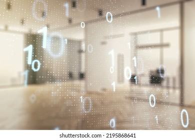 Abstract virtual binary code sketch on a modern furnished office interior background, hacking and matrix concept. Multiexposure