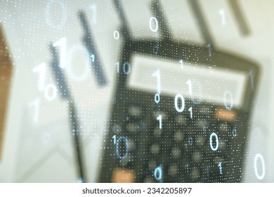 Abstract virtual binary code sketch on calculator background, hacking and matrix concept. Multiexposure
