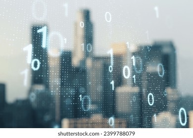 Abstract virtual binary code sketch on blurry office buildings background, hacking and matrix concept. Multiexposure - Powered by Shutterstock