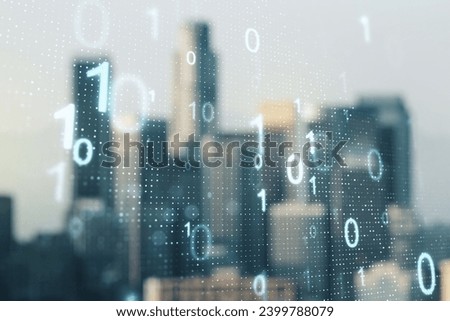 Abstract virtual binary code sketch on blurry office buildings background, hacking and matrix concept. Multiexposure