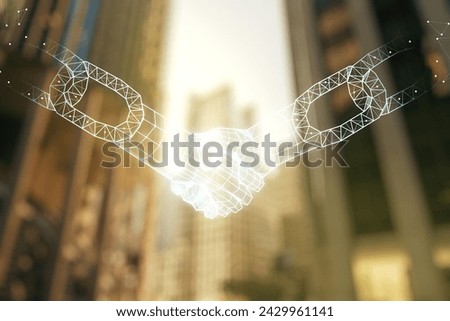 Abstract virtual blockchain technology hologram with handshake on office buildings background. Digital money transfers and decentralization concept. Multiexposure