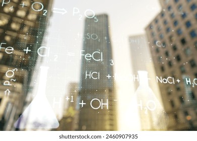 Abstract virtual chemistry illustration on modern architecture background, science and research concept. Multiexposure