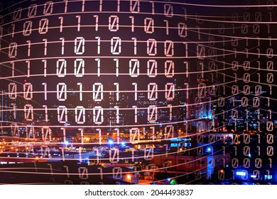 Abstract virtual code hologram on cityscape background, cybercrime and hacking concept.