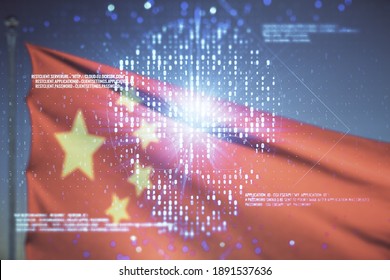 Abstract virtual code skull hologram on Chinese flag and blue sky background, cybercrime and hacking concept. Multiexposure