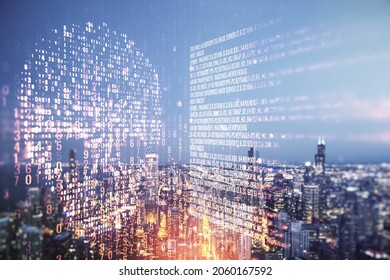 Abstract virtual code skull hologram on Chicago cityscape background, cybercrime and hacking concept. Multiexposure