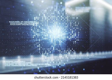 Abstract virtual code skull hologram on blurry contemporary office building background, cybercrime and hacking concept. Multiexposure