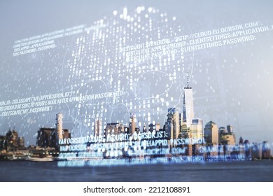 Abstract virtual code skull hologram on New York cityscape background, cybercrime and hacking concept. Multiexposure
